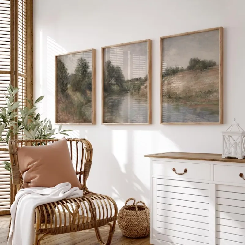 Triptych Vintage Summer River Countryside Landscape Pasture Poster Printed Canvas Painting Wall Pictures Home Farmhouse Decor