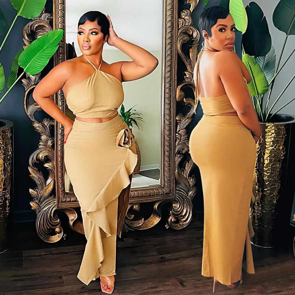 ฤดูร้อนใหม่ชุดสตรีสีทึบเปิดด้านข้าง Ruffle Edge กระโปรง Lace Up เสื้อแขนกุด