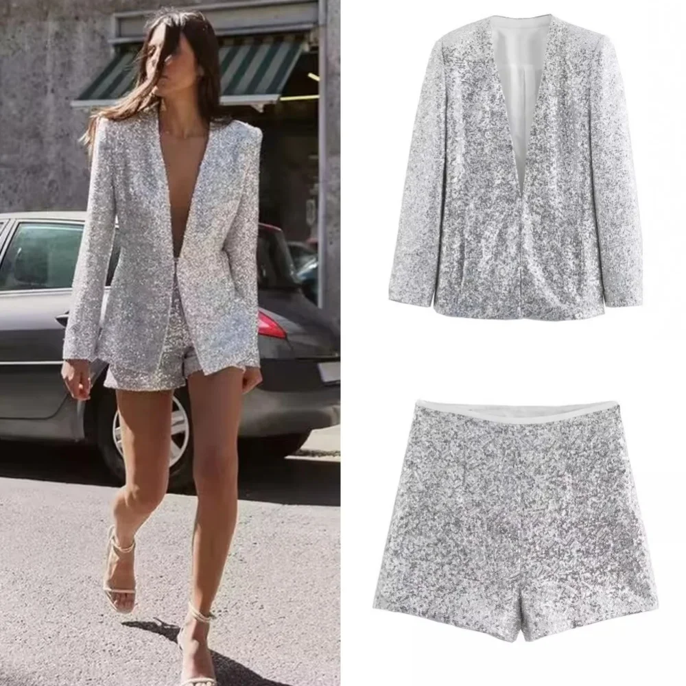 2024 Autumn New Product Casual Office Lady Women\'s V-neck Long Sleeved Sequined Suit Jacket Casual High Waisted Shorts Set