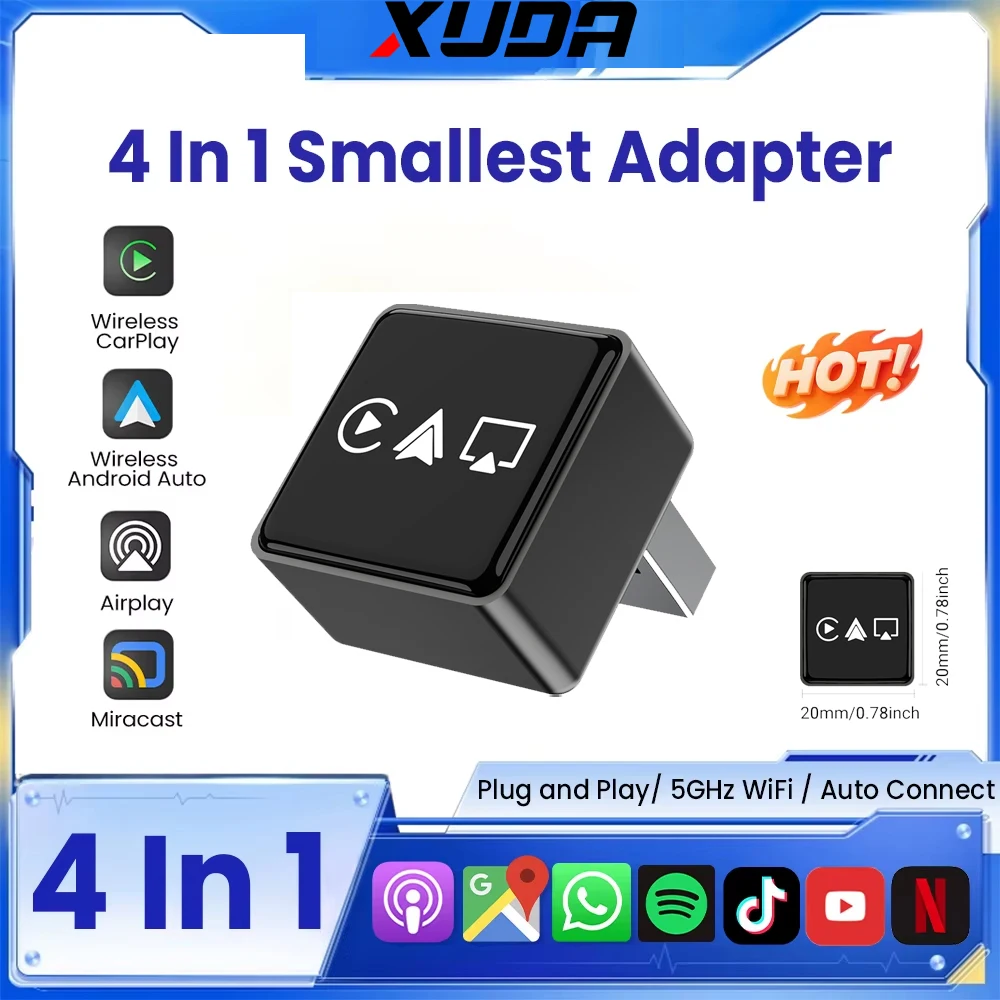 4-in-1 Wireless Carplay Adapter Android Auto Connect Airplay Mirror Link Screen USB Plug to Play for Apple and Android CarPlay