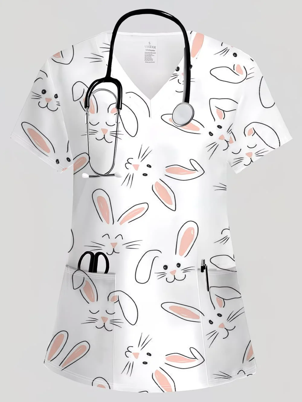 uniformes-medicos-femininos-de-verao-com-estampa-de-coelho-da-pascoa-moda-para-enfermeiras-veterinarias-top-de-manga-curta-com-decote-em-v-microelastico-uniforme-clinico-feminino