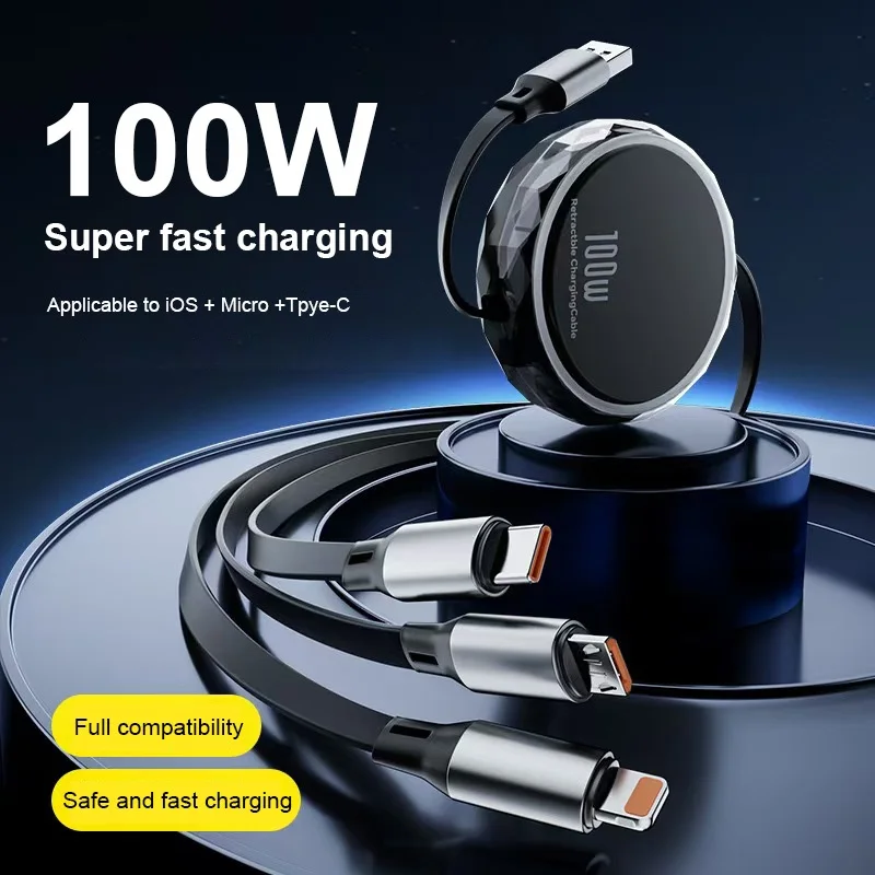كابل شاحن 3 في 1 متعدد 100 وات من النوع C USB إلى Micro Usb C سلك شحن سريع للغاية قابل للسحب لهاتف آيفون وسامسونج وهواوي
