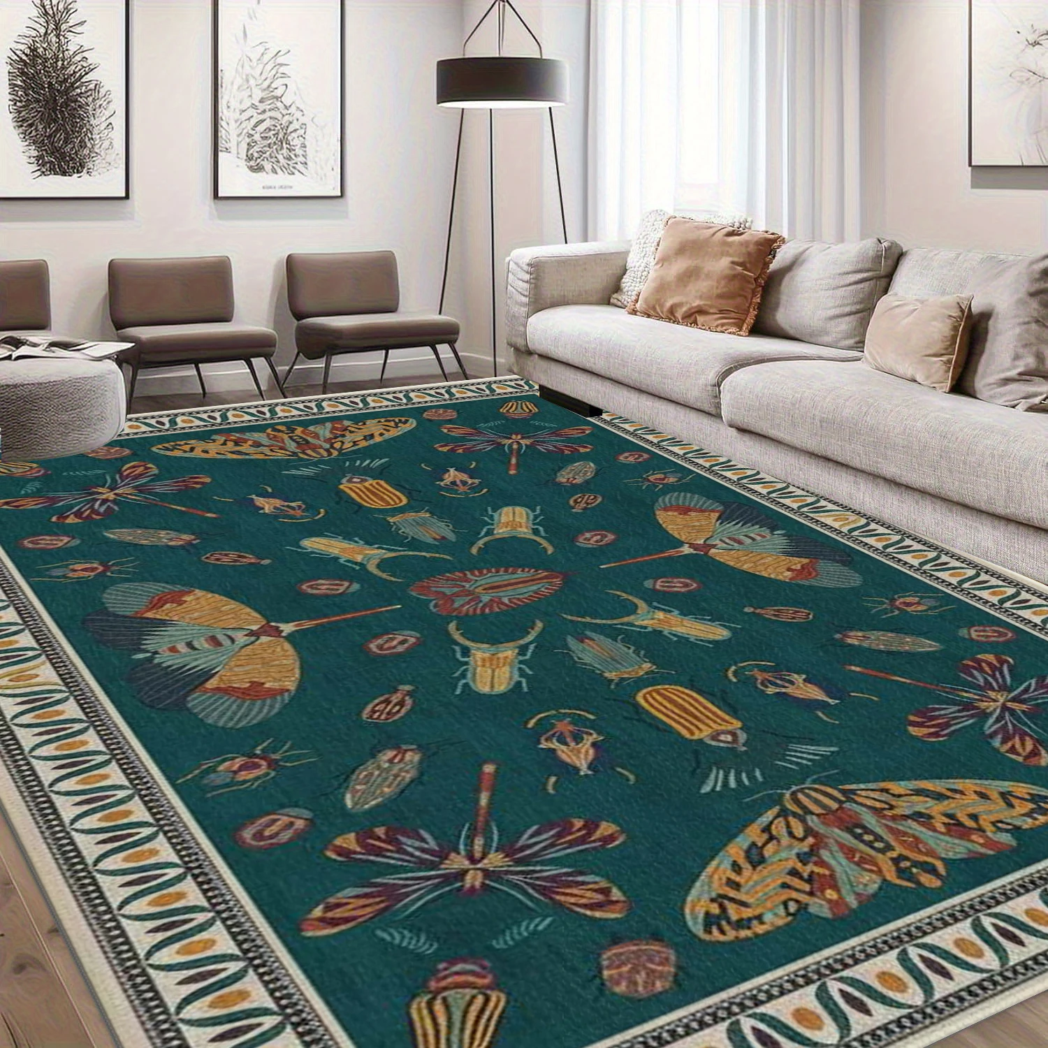 Vintage Insect Moth Dragonfly Pattern Area Rug Decorative Floor Mat for Living Room Bedroom Home Decor