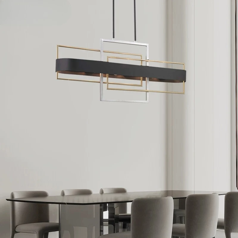 Modern Geometric Linear Chandelier Black Gold White Layered Frame Pendant Light Abstract Overlapping Metal Hanging Lamp