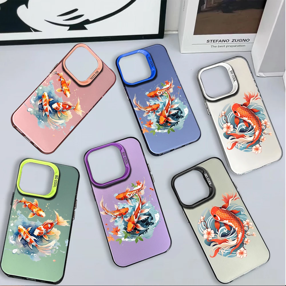 New Luxury IMD Phone Anti-drop Cover Case For iPhone 11 12 13 14 Pro Max 15 16 Plus Art Fish Koi Carp