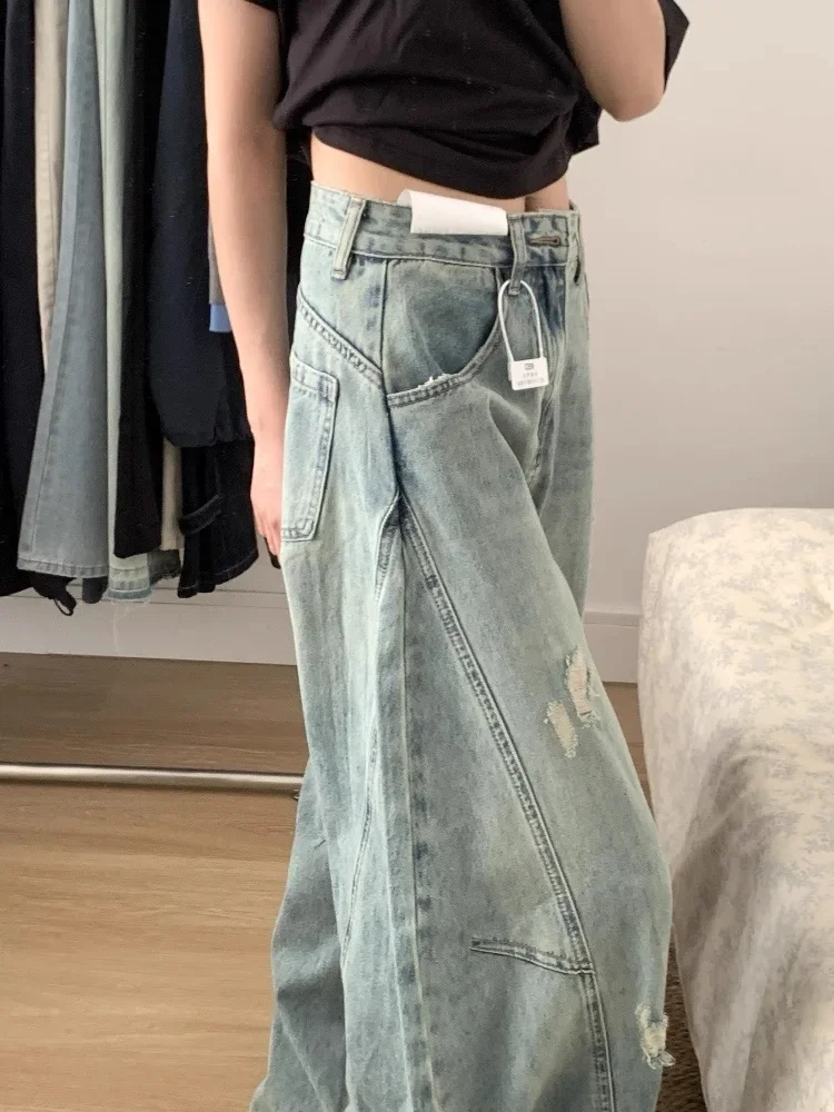 Y2K Blue Distressed Jeans Women Autumn Curved Knife Cut Loose Wide Leg Straight Slim Mop Pants