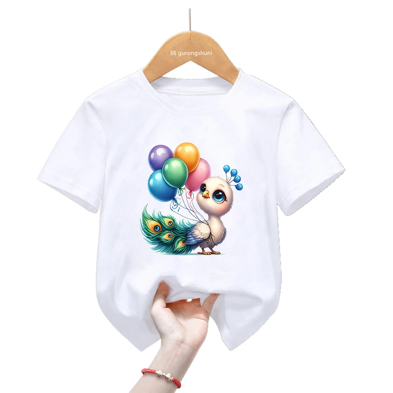 Beautiful Adorable Peacock Love Balloon Printed T Shirt Girls/Boys Funny Kawaii Kids Clothes Summer Short Sleeve T-Shirt