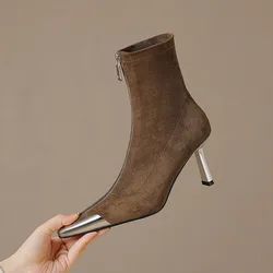 Vintage Brown Suede Women Ankle Boots Metal Square Toe Autumn Short Prom Botas Front Zipper Black Dress Thin High Heels Booties