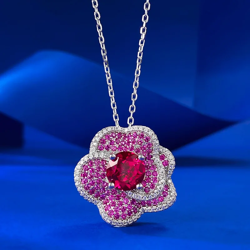 

S925 Sterling Silver New Pigeon Blood Red Flower Necklace Women's Rose Petals Fashion Versatile Pendant Hot Selling