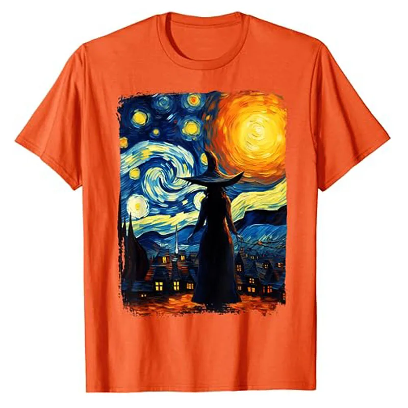 Witch Halloween Starry Night Aesthetic Painting T-Shirt Autume Fall Costume Gifts Witch Lover Graphic Tee Top Surrealism Outfits