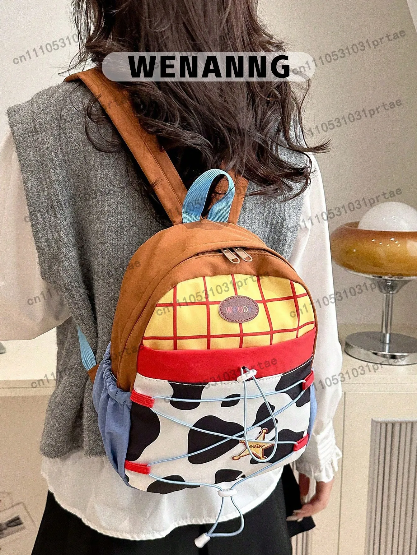 1 Pc Cow Print Backpack College Style Colorblock/Drawstring Design Bookbag Zipper Closure Lightweight Student Bag, Casual Daypac