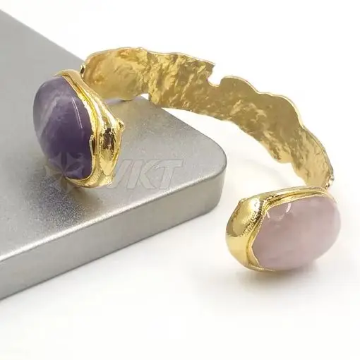 

WT-B591 Wholesale Gorgeous Natural Oval Stone Bracelet Opening Adjustable Gold Irregular Bangle Unisex Jewelry Findings