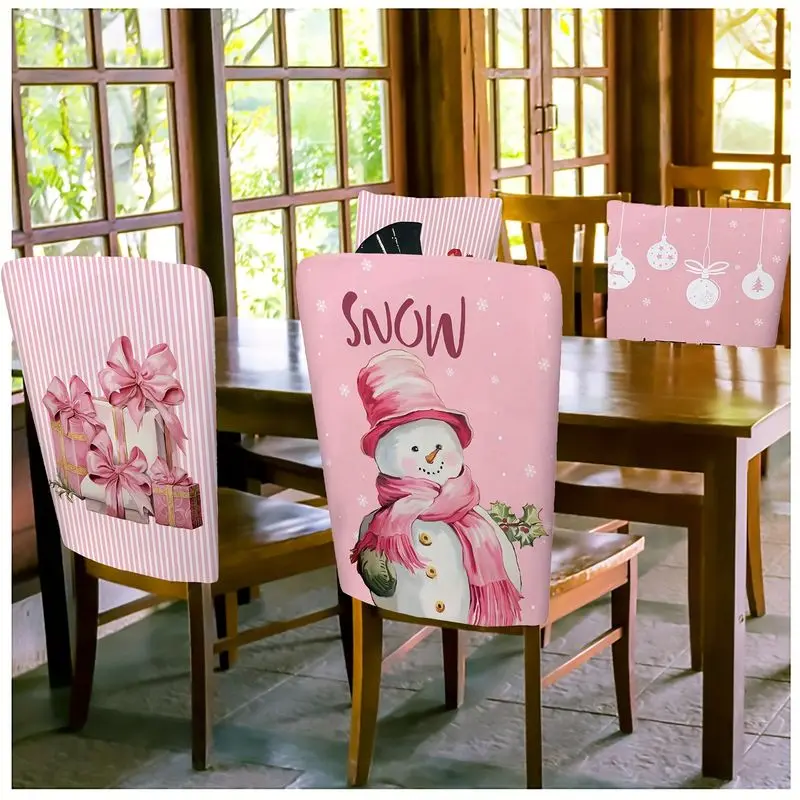 VIKAMA Pink Christmas Chair Back Cover Snowman Gift Santa Print Removable Washable For Dining Room Kitchen Christmas Party Decor