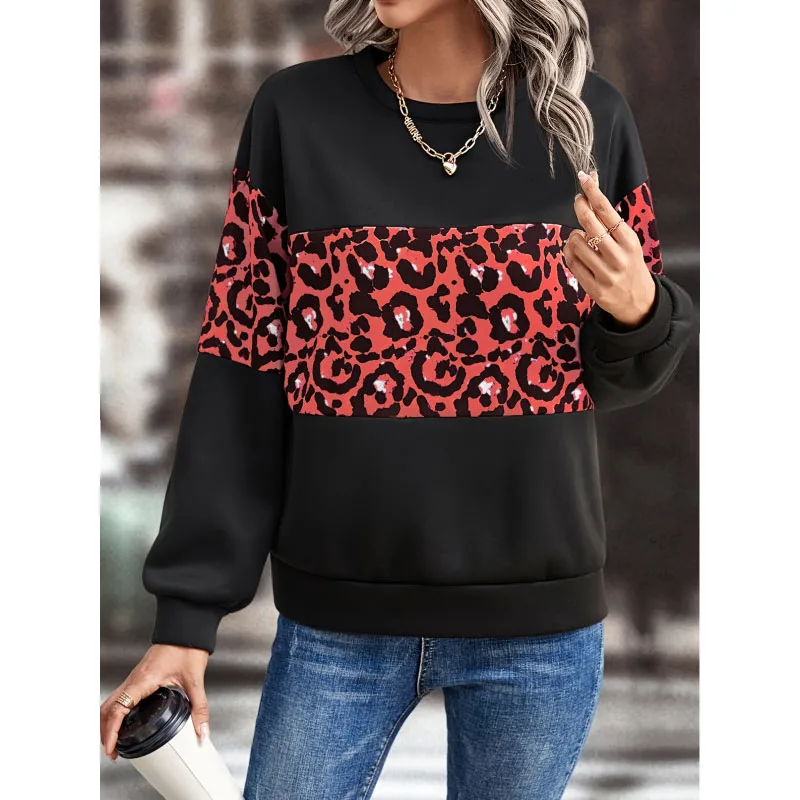 2023 New Autumn Fashion Print Loose Round Neck Leopard Print Long Sleeved Temperament Commuting Women\'s Loose Casual Sweater