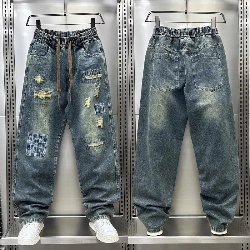 

Fashion Loose Hip Hop Harajuku Street Jeans Retro Distressed Straight elastic waist Pants High Quality Luxury Brand Men Clothing