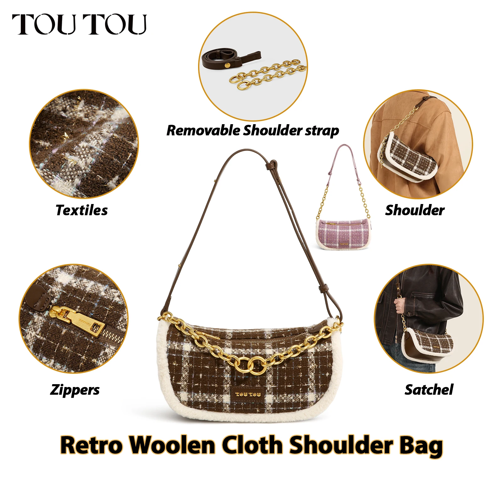 

TOUTOU Original Woolen Saddle Bag Fashion PU Multi purpose Metal Chain Bag For Cosmetics Storage Luxury Designer Female Handbag