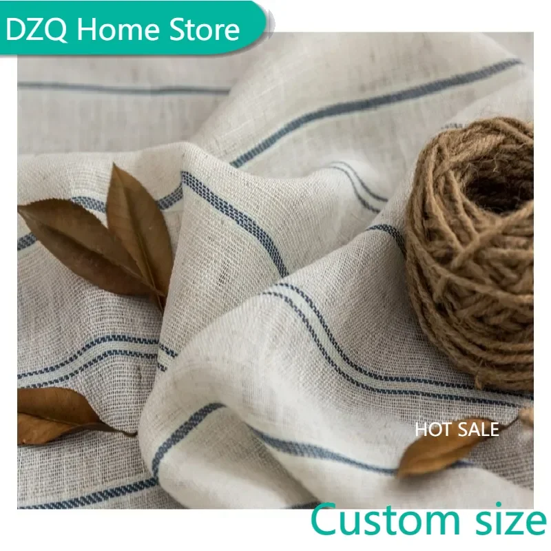 

French style linen cotton curtain blue striped curtain for bedroom living room balcony book children's room custom curtain yarn