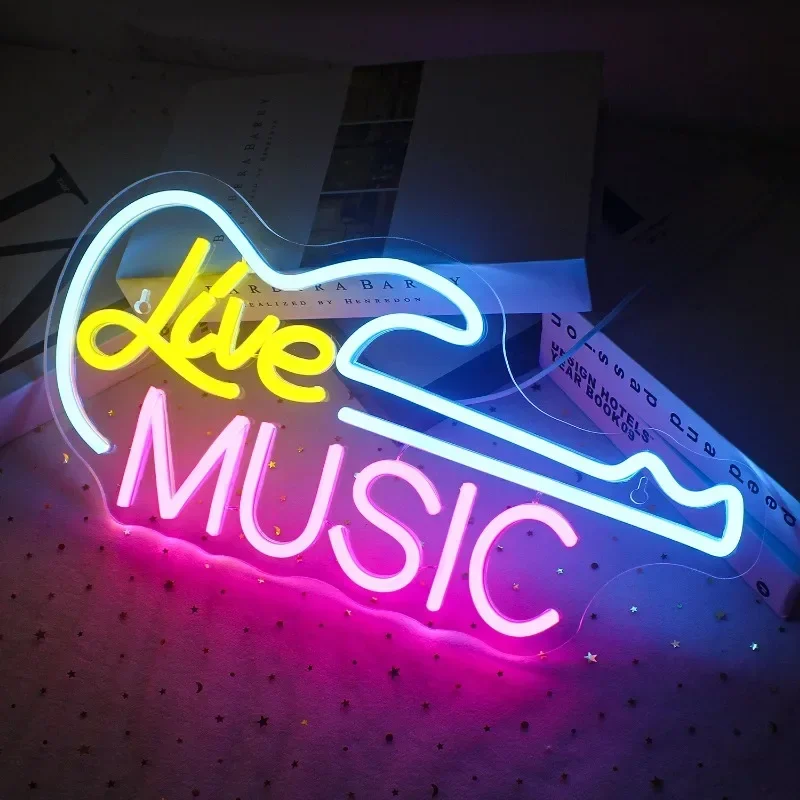 Guitar Rock Neon Sign LED Neon Light for Wall Decoration,Guitar Shape Light Up Sign,USB Neon Light for Bar Live Music