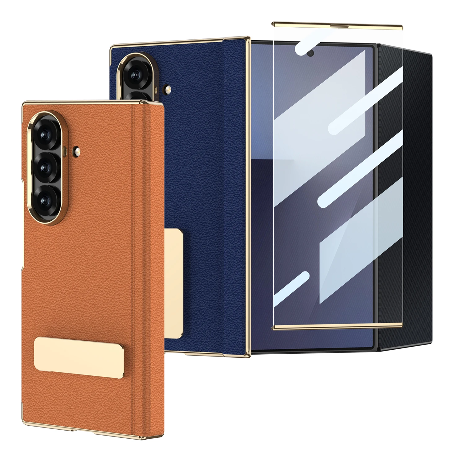 

Чехол-книжка для Samsung Galaxy Z TriFold с золотым ремешком, оранжевый кожаный флип-чехол с защитной пленкой, деловой чехол для мобильного телефона