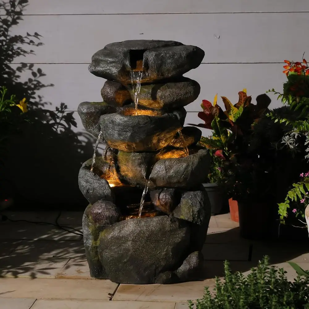 

The 4-Tiered Water ountain Outdoor&Indoor ountain with Lights, 28.35" Waterall ountain or Garden, Patio, Yard, and Lawn, Natural