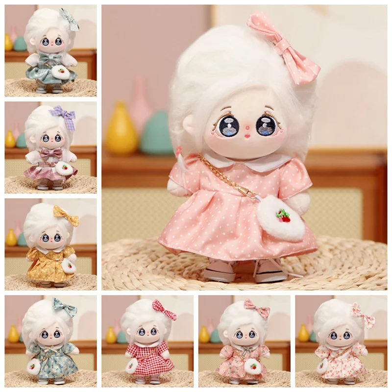 

20cm Cute White Hair Pink Dress Suit Girl Plush Doll Kawaii Stuffed Customization Figure Idol Cotton Dolls DIY Clothes Accessory