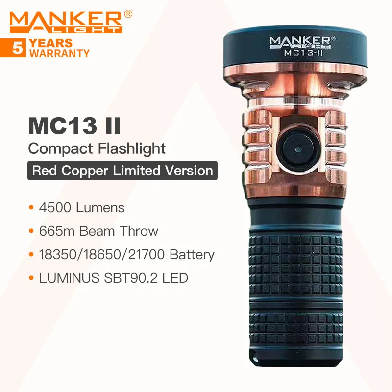 Manker MC13 II (Red Copper Limited Version) Rechargeable Compact Flashlight, LUMINUS SBT90.2 LED 4500 Lumens 665m Beam Throw