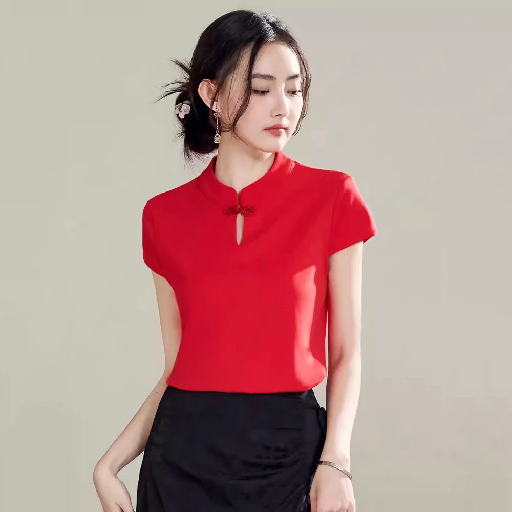 New Women Chinese Style T-shirt Summer Fashion Cheongsam Stand Collar Short Sleeve Loose Tees Tops Elegant Red Cotton T-shirt