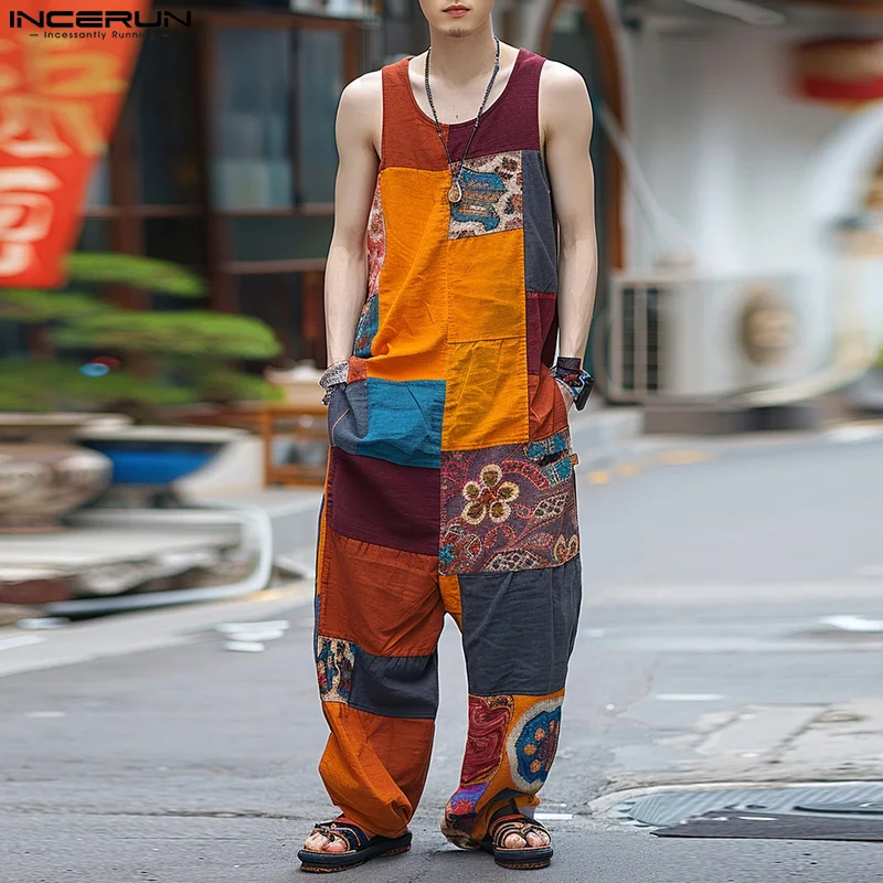 

2024 Men Jumpsuits Ethnic Style Printing O-neck Sleeveless Summer Casual Rompers Streetwear Loose Vintage Overalls INCERUN S-5XL