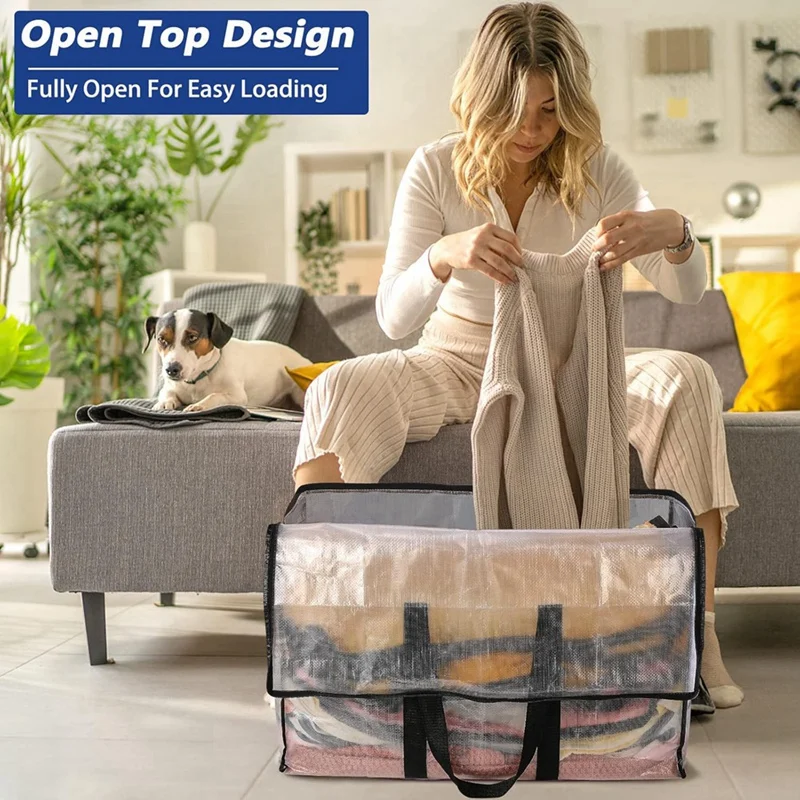Clear Moving Bags Heavy Duty - 4 Pack 90L Storage Bags with Strong Handles, Zipper, Waterproof, Semi-Transparent-ABLA