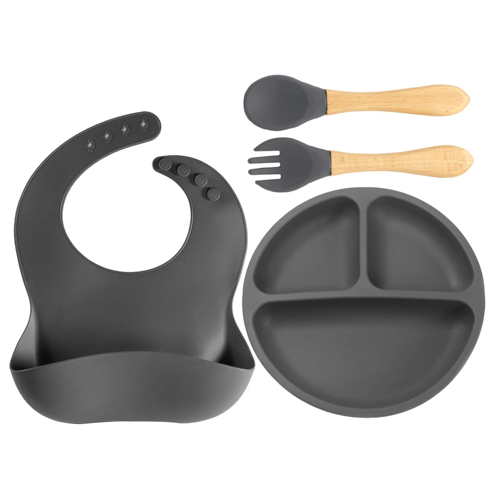 4 PCS Silicone Baby Feeding Set Baby Led Weaning Supplies Utensils Bib Plate Spoon Fork