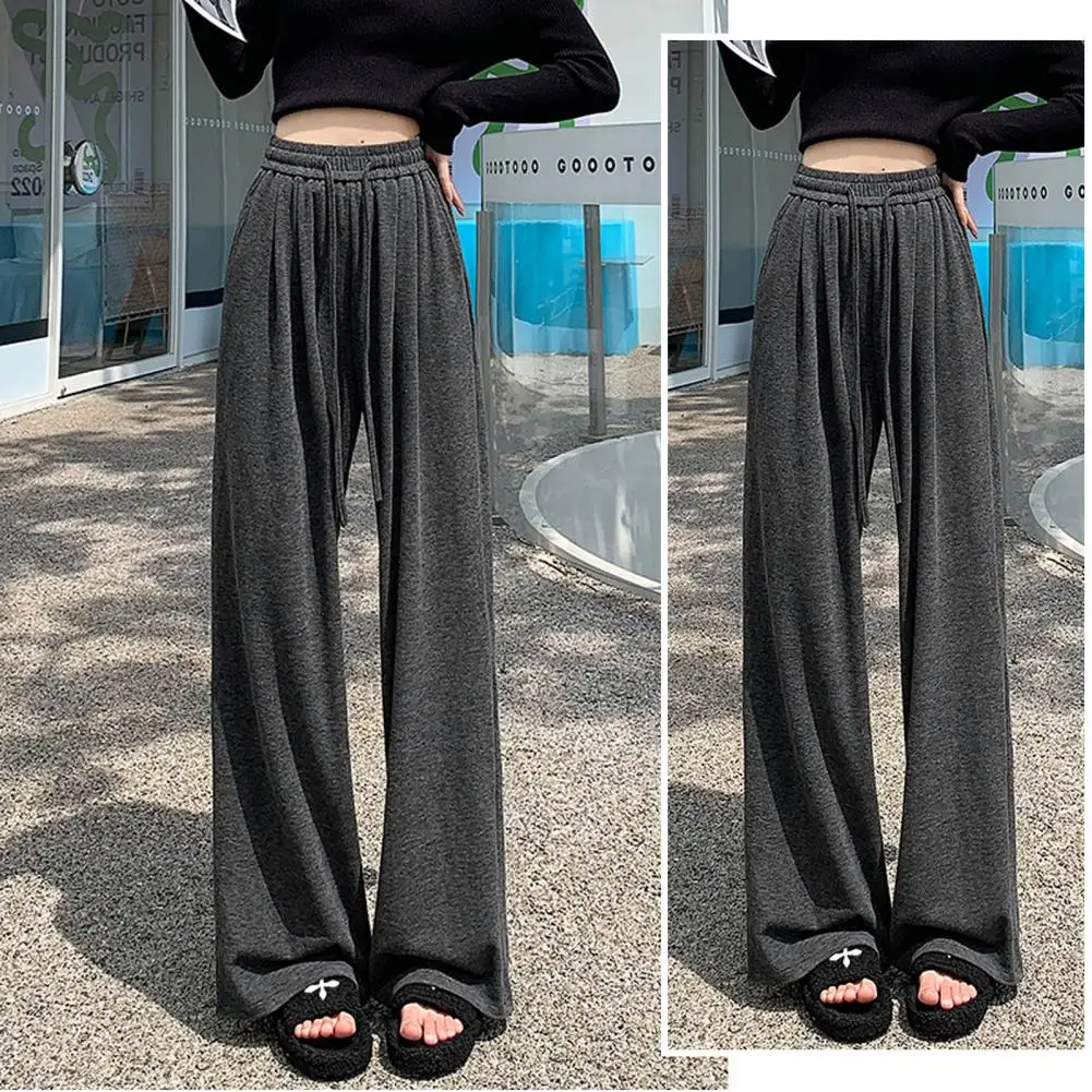 Straight Sweatpants High Waist Wide Leg Women's Pants with Drawstring Soft Solid Color Trousers for Fall Winter Loose Fit