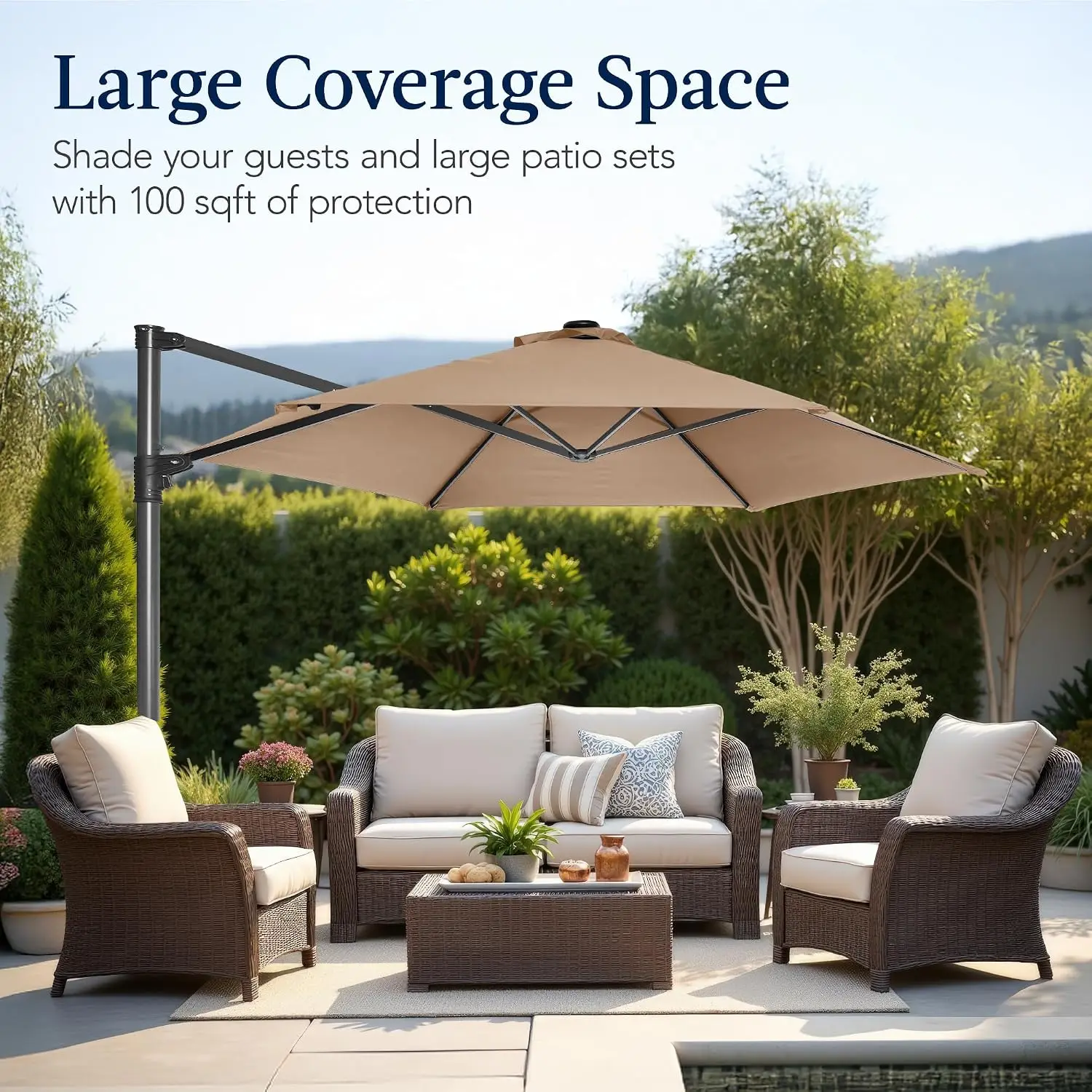 10ft Offset Cantilever Hanging Patio Umbrella 360° Rotation 8 Ribs Easy Adjustment Outdoor Market, Customized