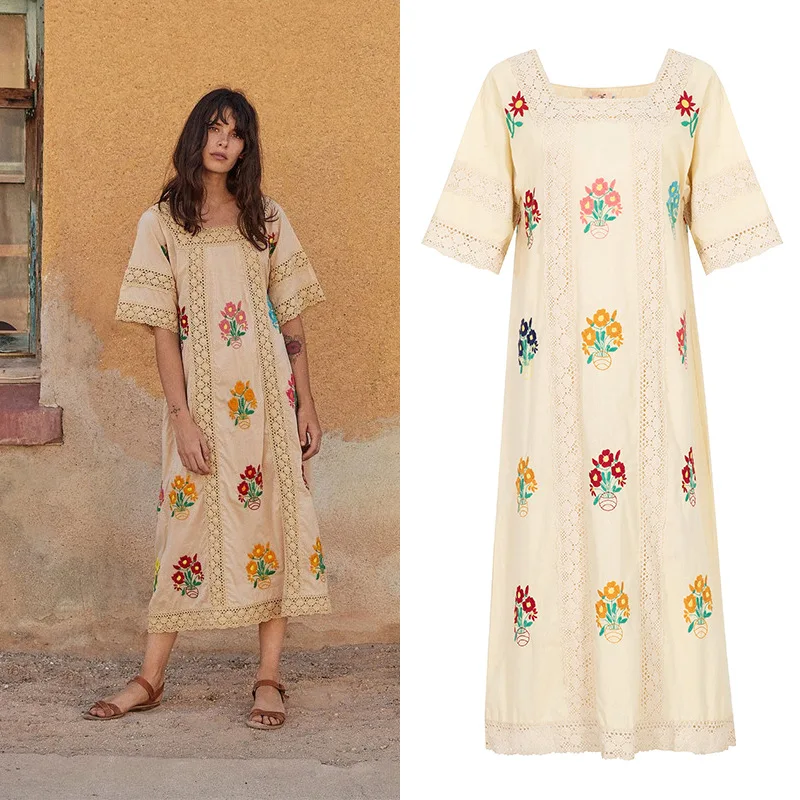 Abito lungo Boho floreale ricamato con scollo quadrato in pizzo all'uncinetto scollato Abito lungo estivo da donna per le vacanze al mare
