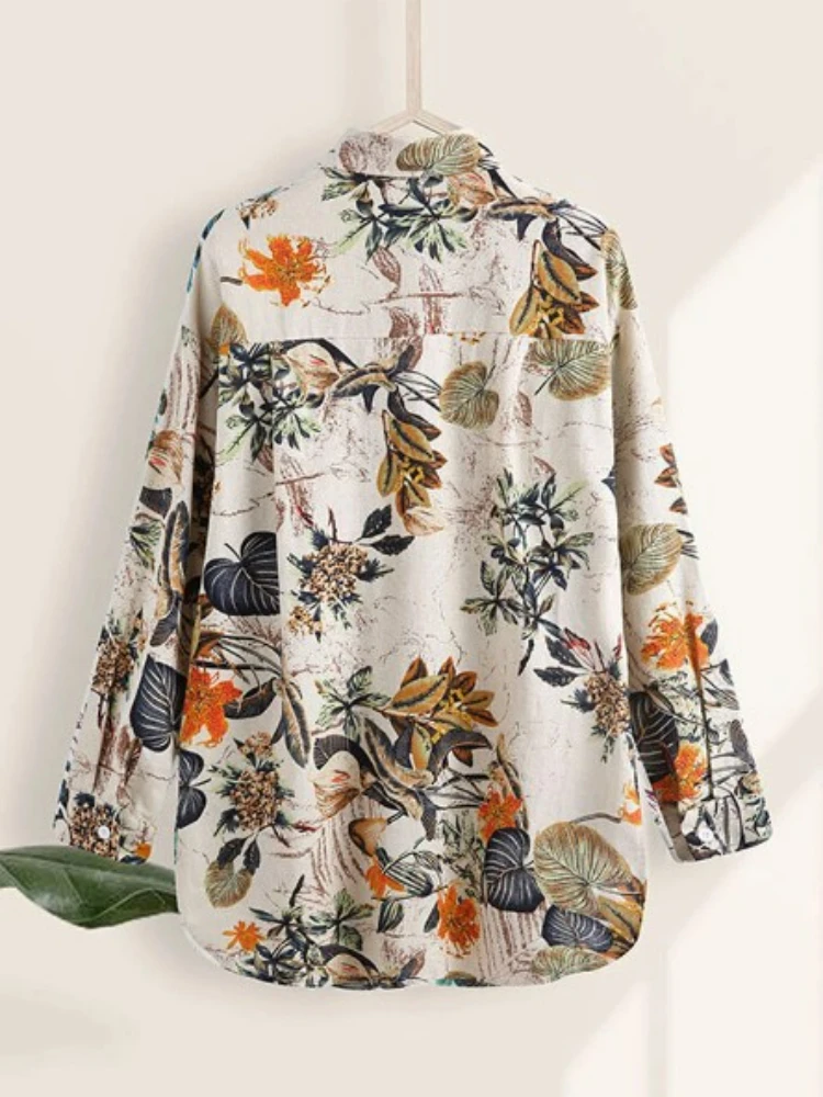 Fashion Woman Blouse 2023 Elegant Long Sleeved Loose Fitting Large Size Cotton Linen Printed Top Youth Woman Blouses