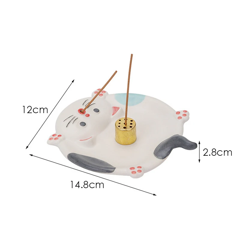 Hand-painted Animal Ceramic Incense Holder with 9-Hole Metal Incense Stick Stand, Lucky Cat Aromatherapy Incense Tray