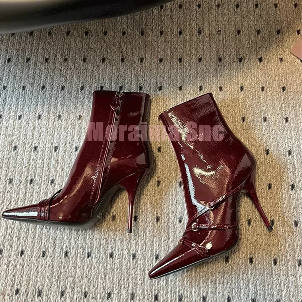 

Belt Buckle Pointed Toe Ankle Boots Patent Leather Stiletto High Heel Side Zipper Burgundy Solid Sexy Fashion Women's Short Boot