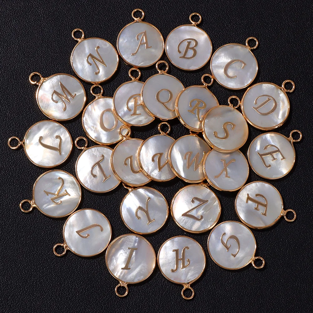 A-Z Letter Shell Charms 15mm 26 Initial Letters Gold Color Mother Of Pearl Charm Pendants For Jewelry Findings Necklace Bracelet