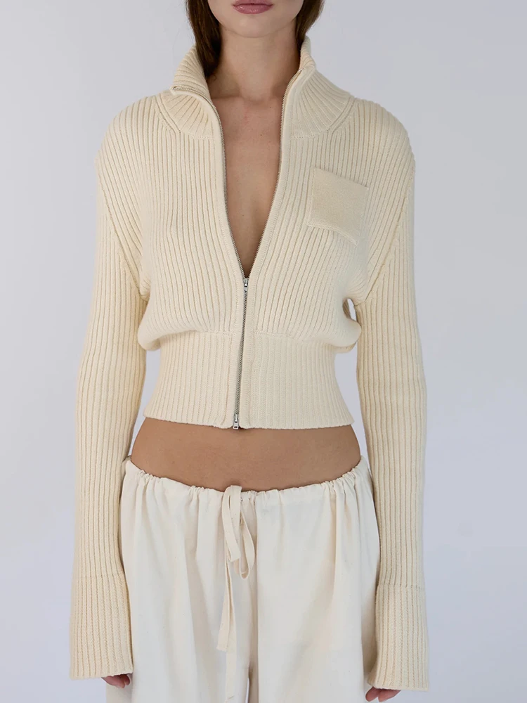 

JULISSA MO Knitted Stand Collar Cardigan Zipper Women Sweater Black Long Sleeve Solid Short Sweater Winter New Casual Streetwear