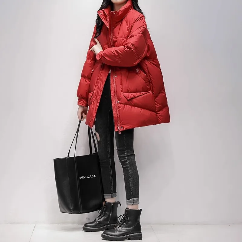 Red Stand collar Down Jacket Women's 2025 Winter New Product 90 White duck down Thicken Warm Coat Female Loose Puffer Parkas