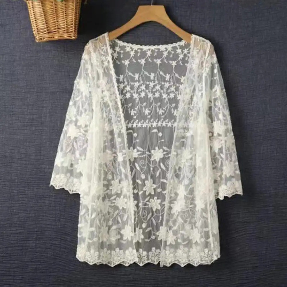 Кружевной кардиган ручной работы, вязаный крючком, женский кардиган 2025, рукав 3/4, ажурный прозрачный свитер с открытой передней частью, летний вязаный свитер в стиле бохо