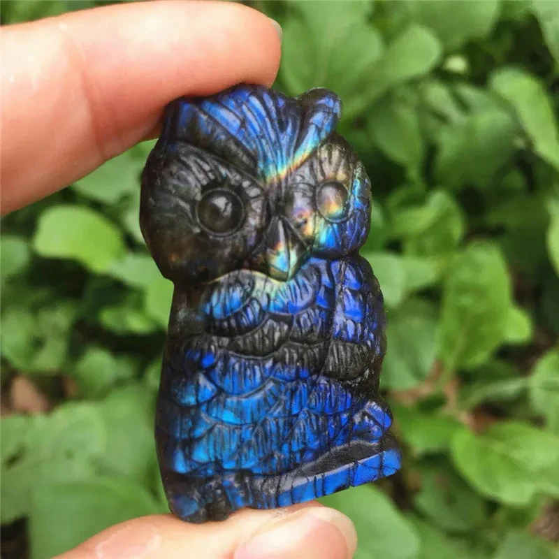 Natural Labradorite Stone Quartz Crystal Hand Carved Owl Home Office Garden Tank Decoration Yoga Meditation Gift Halloween