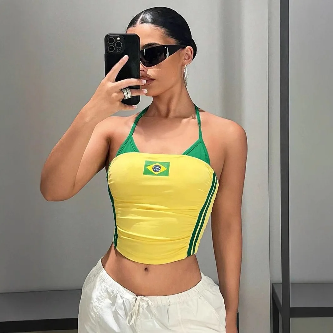 Women Brazil Flag Print Halter Crop Top Color Block Stripe Sleeveless Slim Y2K Summer Streetwear Going Out Sports Cami Tank Top