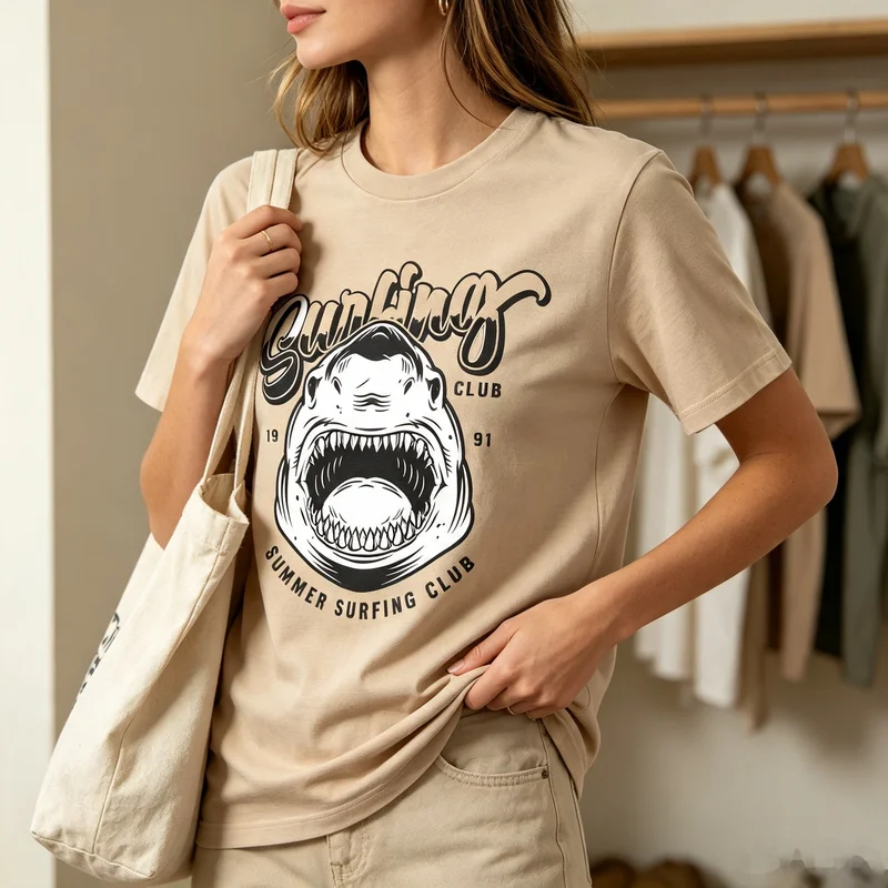 Shark Surfing Black White T-Shirt Summer Surfing Club Graphic Tee Casual Streetwear for Men Women White Khaki Cotton Y2k Top