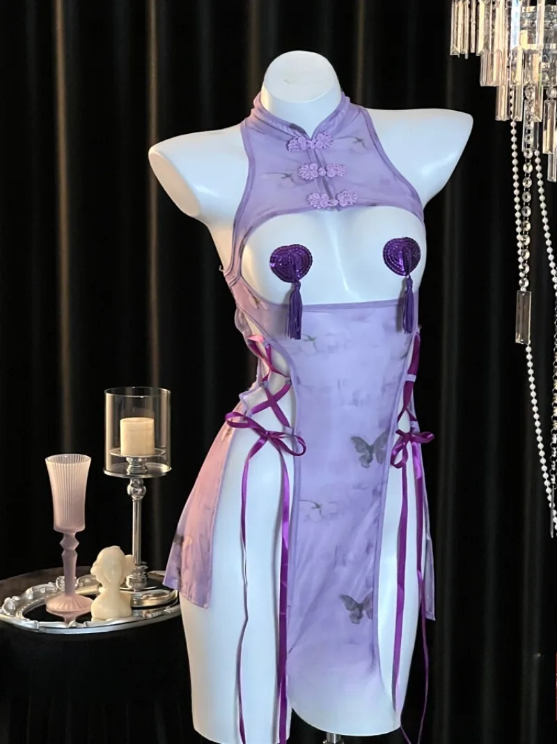 

Purple Lace-up Slit Cheongsam Dress,2026 New Sexy Roleplay Outfit for Women,Seductive Chinese Style Costume
