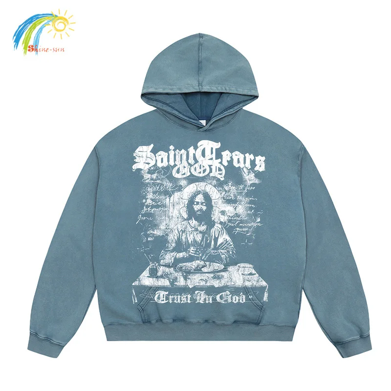 Hip Hop Cracked Character Pattern Print Saint Tears Hoodie Hooded Men Women Streetwear Vintage Washed Black Blue Loose Pullovers