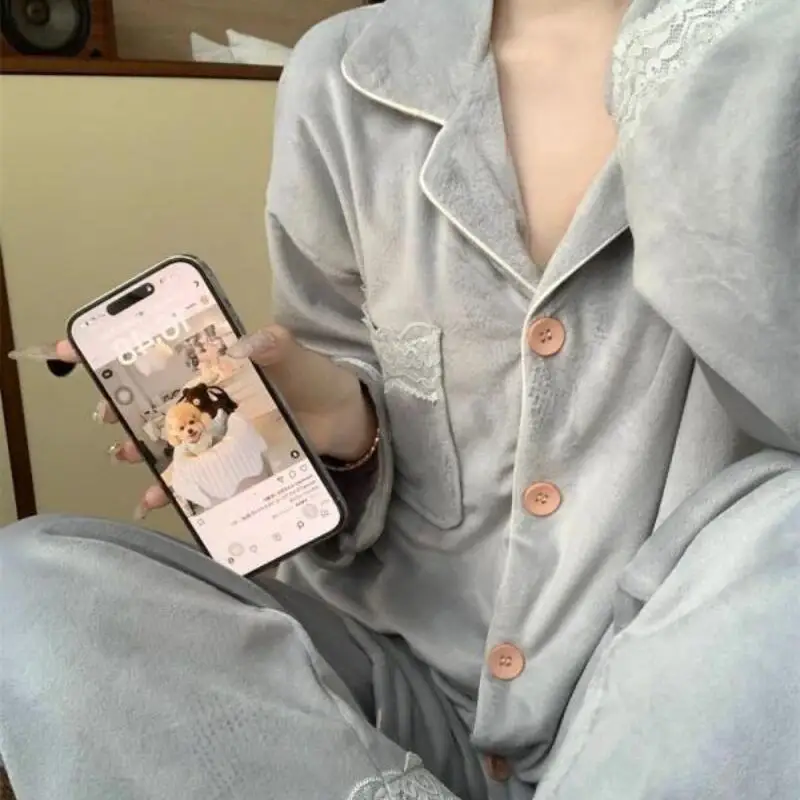 

Women's Clothing Pajama Set Homewear Long Sleeves Pants Two-Piece Set Autumn and Winter Thicken Comfortable Sweet Fashion