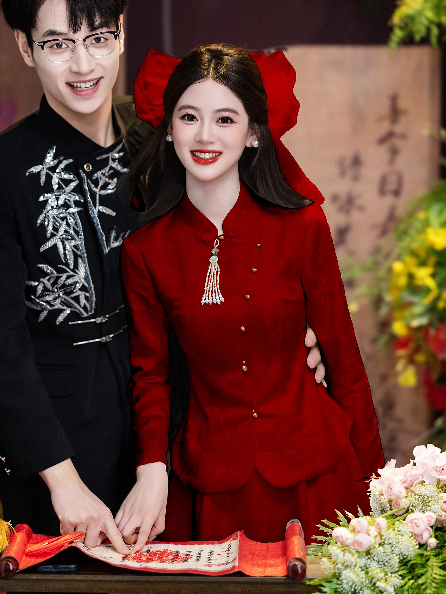 

Красное свадебное платье с длинными рукавами для церемонии помолвки, красивое, элегантное, новое, в китайском стиле, свадебный костюм для женщин