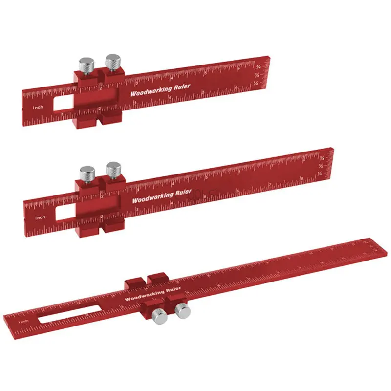 Aluminum Alloy 3 Sets of Red T-shaped Woodworking Tools Round Hole Ruler Portable Woodworker DIY Multifunctional Scriber Ruler