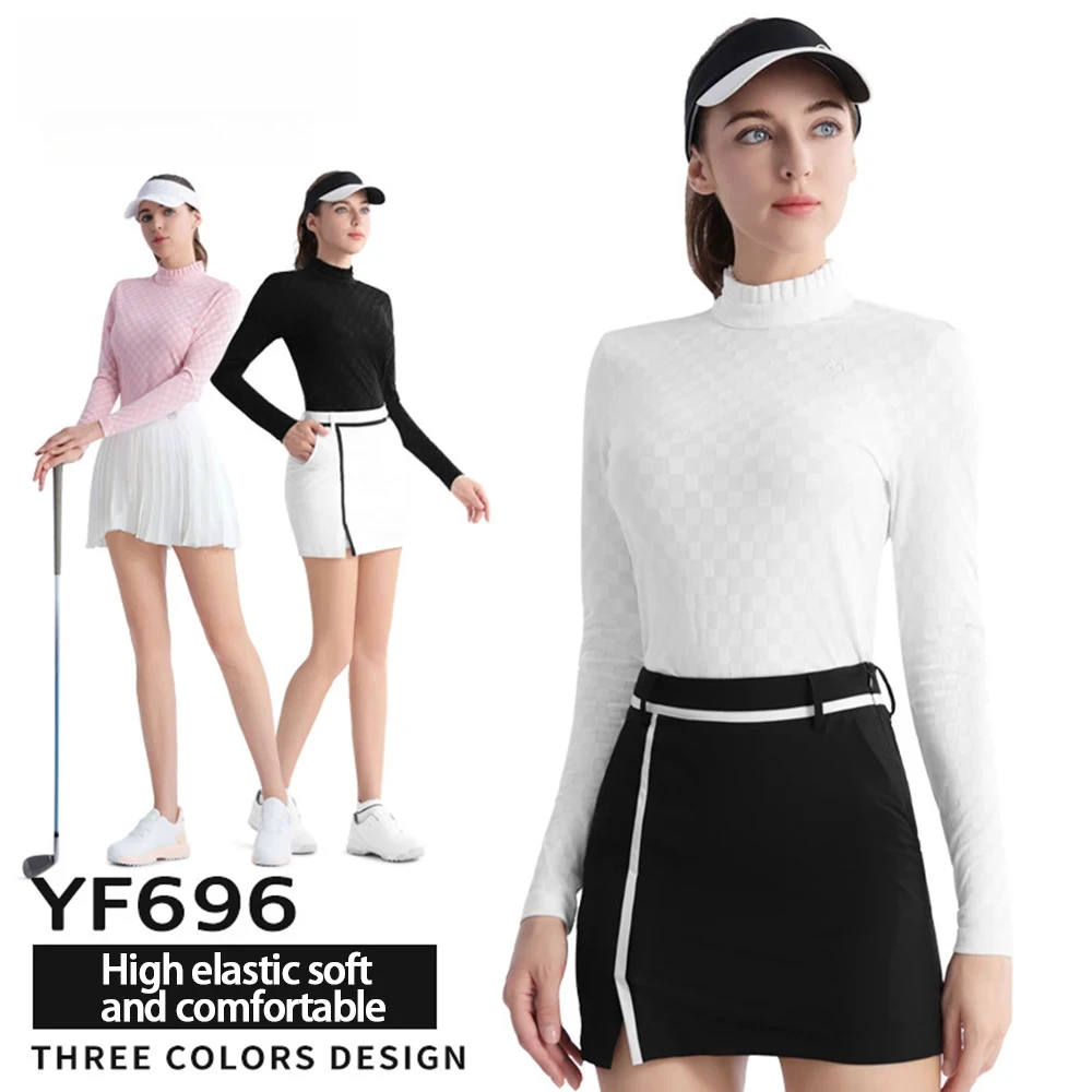 

Pgm Ladies Golf Long Sleeve Plaid T-shirt Spring Autumn Fashion Golf Tops for Woman Ruffle Stand Neck Jersey YF696