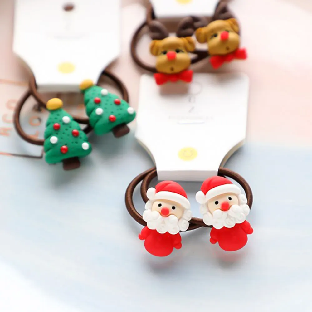 2pcs New Cute Cartoon Christmas Elk Elastic Hair Bands Rubber Hair Rope Tie Girls Hair Ponytail Holder Gum Accessories